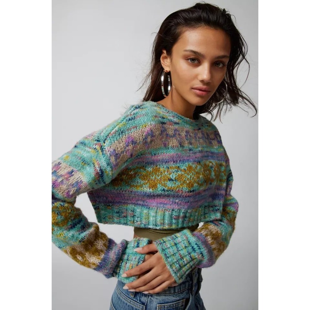 Cropped Fair Isle Sweater Teal M Boho Eclectic Y2K Retro Layering Artsy Fall